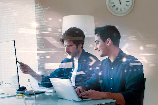 Colleagues discussing something while sitting at the computer