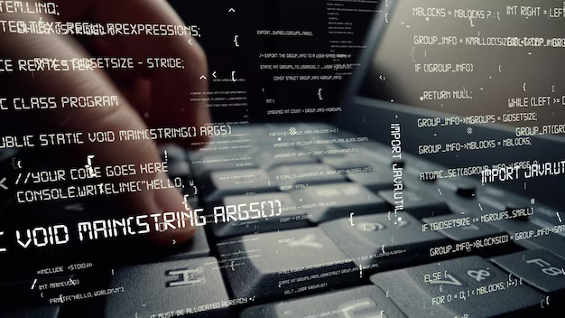 Fingers on a laptop keyboard, program code in the foreground