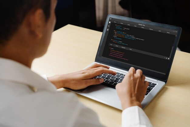 Man writing code on laptop