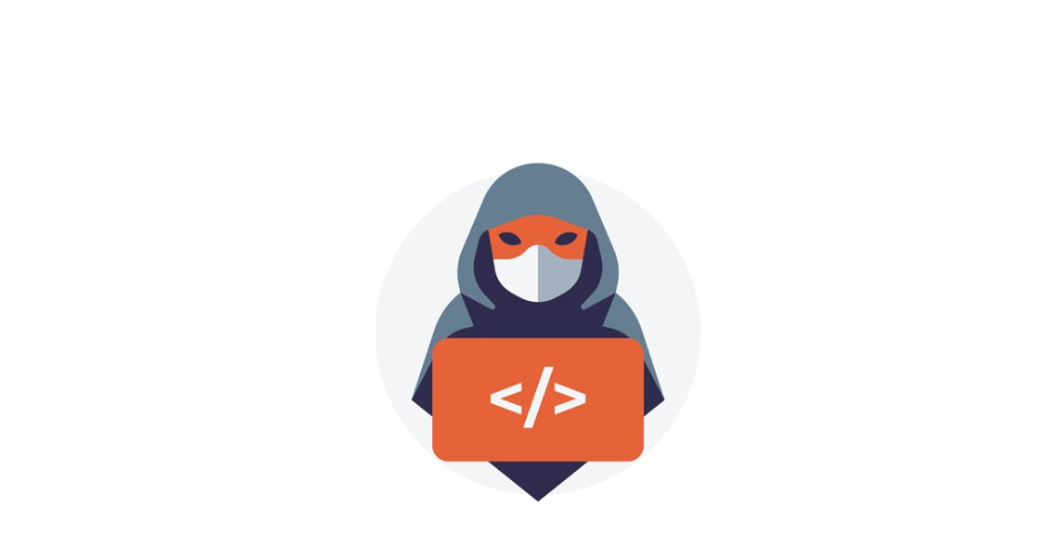 A minimalist graphic of a hacker with a laptop and code brackets