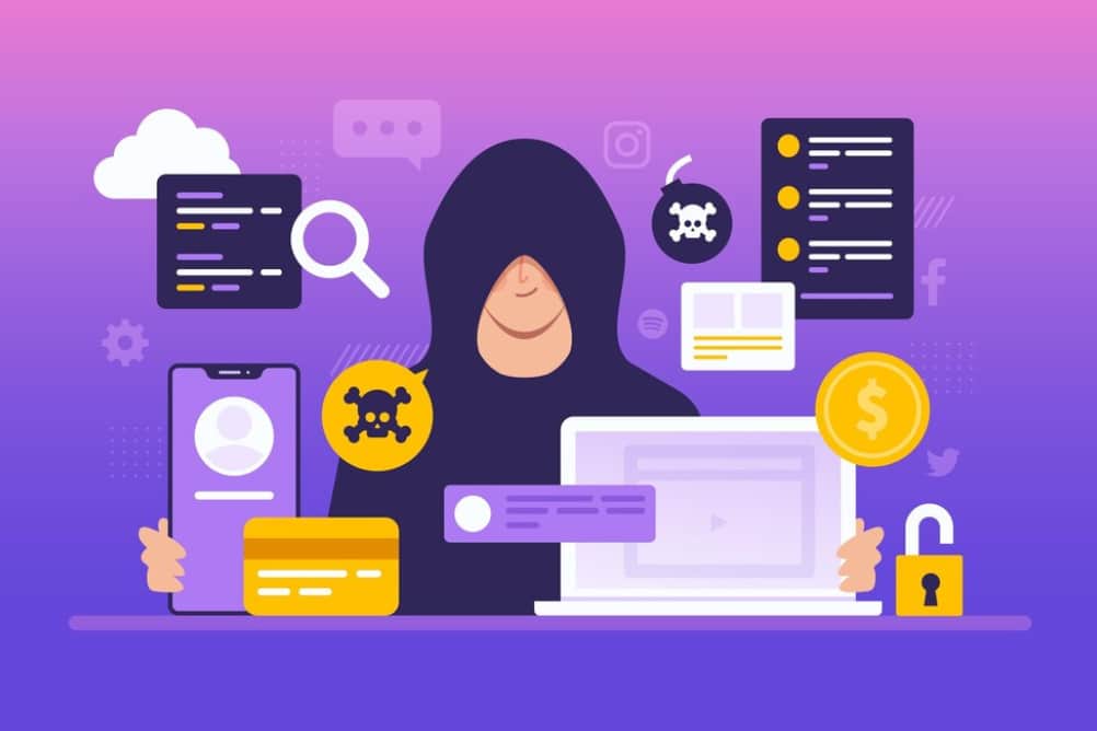 A cartoon hacker with malicious icons and a secure lock on digital devices