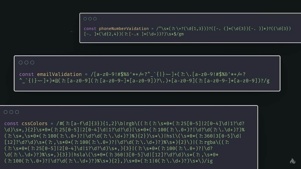 Code snippets showing regex patterns for validation in a dark theme