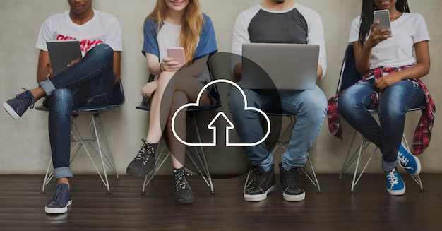 Cloud logo on background of people with devices