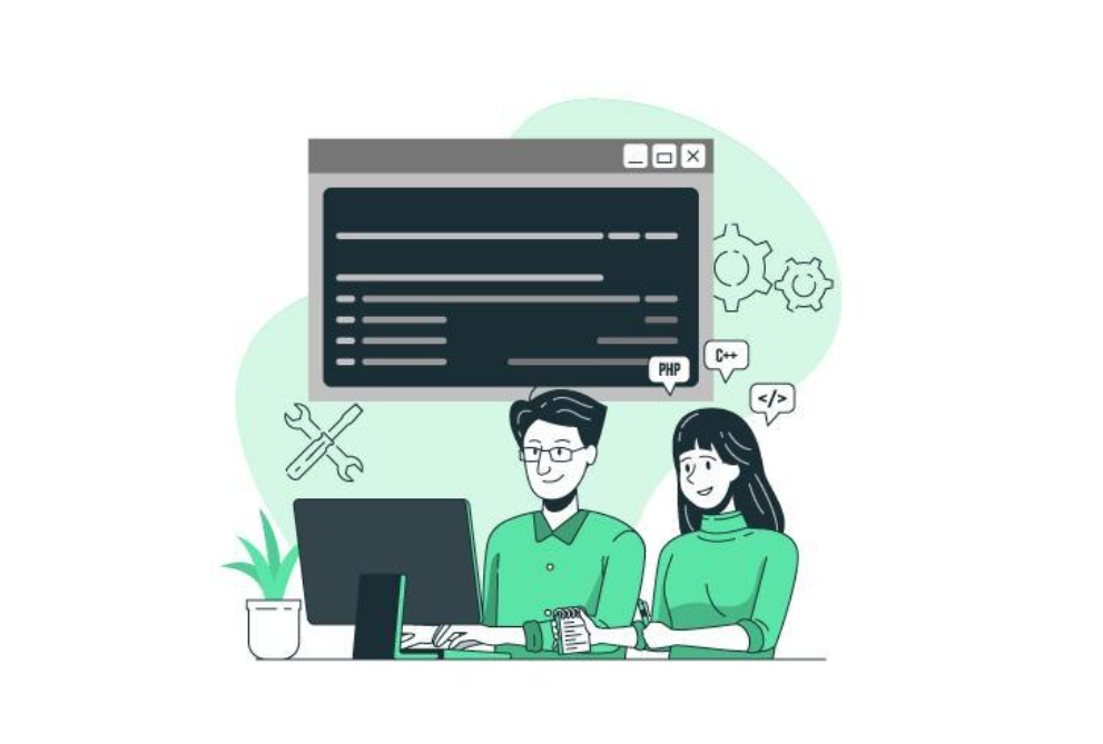Two people collaborate at a computer with PHP and coding graphics above